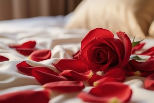 Honeymoon romantic room, rose petals scattered on bed for honeymoon lover